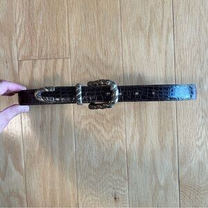 Vintage Brighton Brown Croco Leather Belt Silver Gold Tone Buckle Western Rodeo